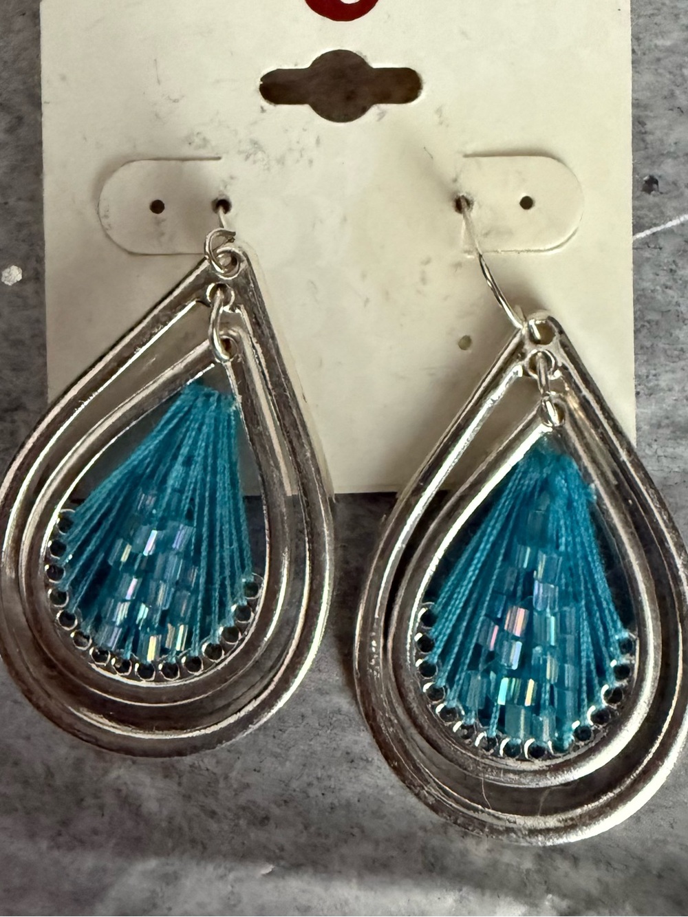 Silver Teardrop Earrings with Turquoise Beaded Tassel